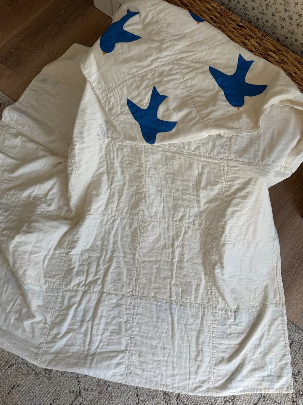 Handmade quilt vintage antique blue bird feed sack flour tea towel repurposed